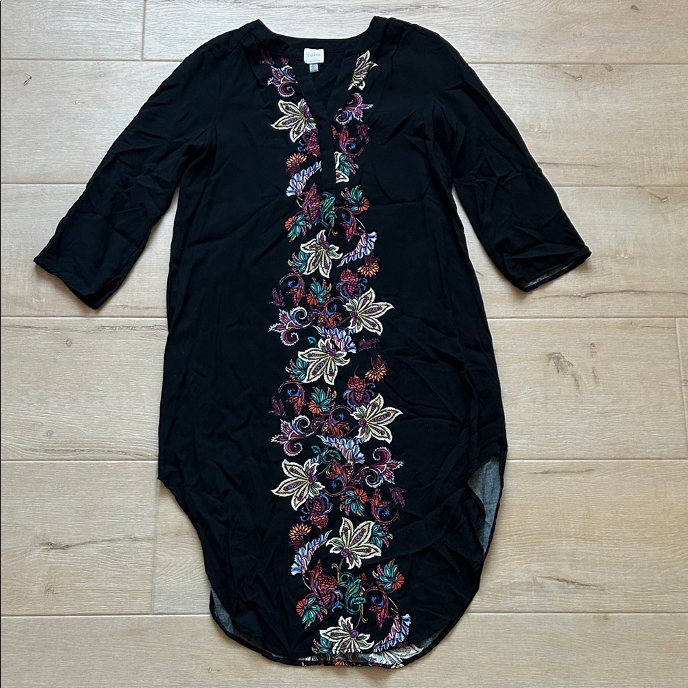 Cupio Black Dress with Colorful Floral Embroidery